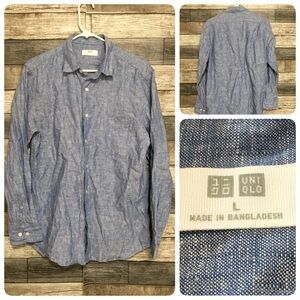 Uniqlo 100% Linen Button Up Shirt Men’s L Blue Long Sleeve